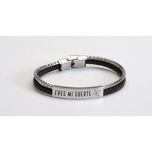 Pulsera Acero Sovrani BR3839/11 Piel Negra Placa Eres Mi Suerte