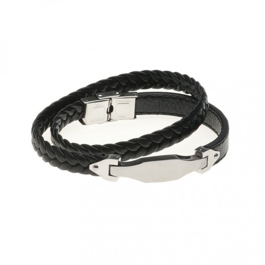 Pulsera Acero Sovrani BR4558 Piel Negra Lisa Y Trenzada Con Placa