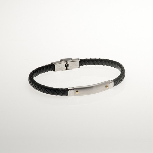 Pulsera Acero Sovrani BR4992 Piel Negra Trenzada Con Placa Lisa