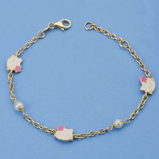 Pulsera de Oro 18kts de Comunión Perlas y Gato 18cm 13000174