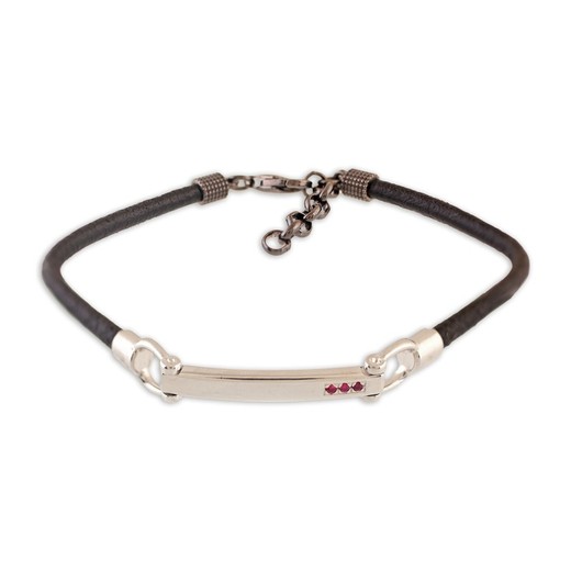 Pulsera Plata Sovrani AVP155 Piel Negra Con Placa Circonitas Rojas