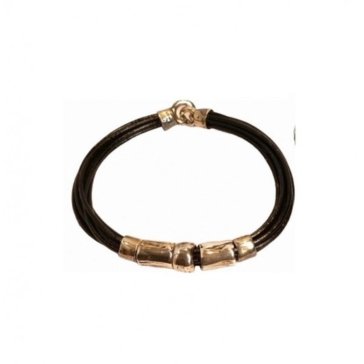 Pulsera Xernus Plata Dorada 3NF2797 Piel Negra Con Abalorio