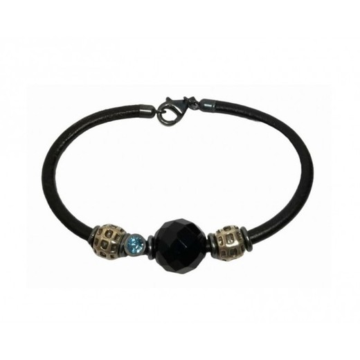 Pulsera Xernus Plata NF05281613 Piel Negra Charms Cristal Aguamarina Y Azabache