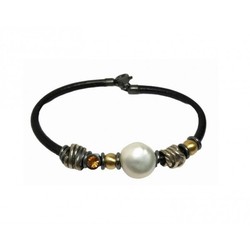 Pulsera Xernus Plata NF05281615 Piel Negra Charms Perla Acrilica Y Opalo