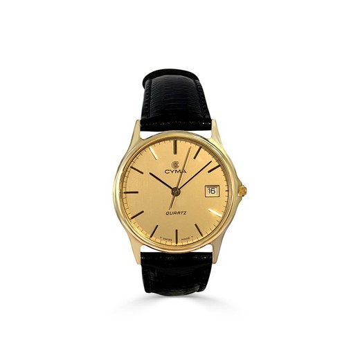 Cyma 18kts Gold Men's Watch 1085 Black Leather