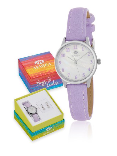 Montre Marea Enfant Fille B41274/10 Cuir Lilas et Boucles d'Oreilles Argent