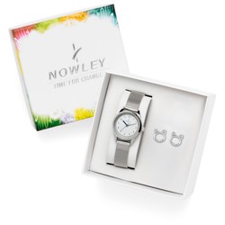 Nowley Mädchenuhr 8-0975-0-5 Stahl + Katzenohrringe