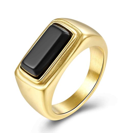 Anillo Acero Dorado Mujer AAM0002DOOX10 Piedra Mineral Onix Negro