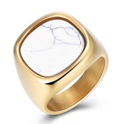 Anillo Acero Dorado Mujer AAM0003DOAB10 Piedra Mineral Agata Blanco