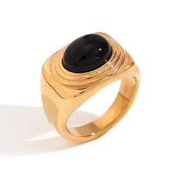 Anillo Acero Dorado Mujer AAM0047DOOX12 Piedra Sintética Onix Negro