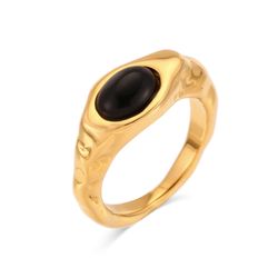 Anillo Acero Dorado Mujer AAM0051DO10 Piedra Mineral Onix Negro