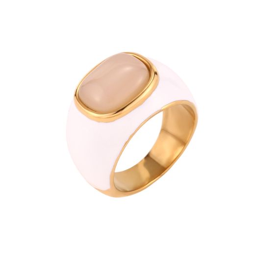 Anillo Acero Dorado Mujer AAM0052DOAB10 Piedra Agata Blanca Símil & Enamel Blanco