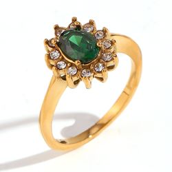 Anillo Acero Dorado Mujer AAZ0033DOZV12 Flor Circonita Verde