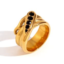 Anillo Acero Dorado Mujer AAZ0035DOBK10 Serpiente Circonitas Negras