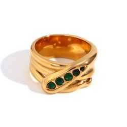 Anillo Acero Dorado Mujer AAZ0035DOZV10 Serpiente Circonitas Verdes