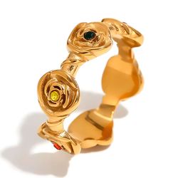Anillo Acero Dorado Mujer AAZ0067DOVA12 Rosas Circonitas Multicolor
