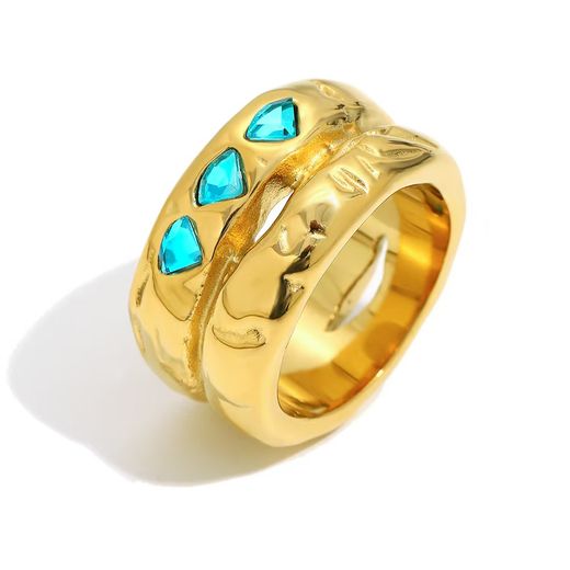 Anillo Acero Dorado Mujer AAZ0083DOZA12 Martillado C. Circonitas Azules