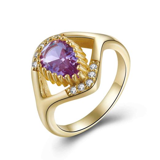Anillo Plata Dorada ANM0109DOAM12 Circonitas & Lágrima Piedra Mineral Amatista