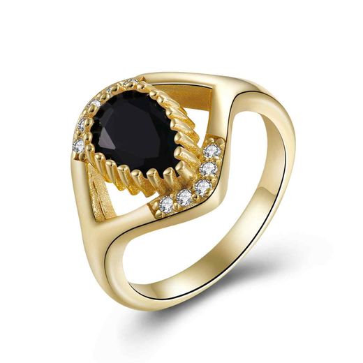 Anillo Plata Dorada ANM0109DOOX16 Circonitas & Lágrima Piedra Mineral Onix Negro