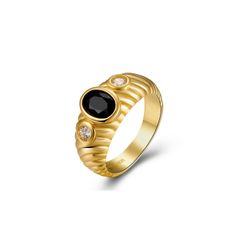 Anillo Plata Dorada ANM0167DOOX10. Piedra Mineral Ovalada Onix Negro
