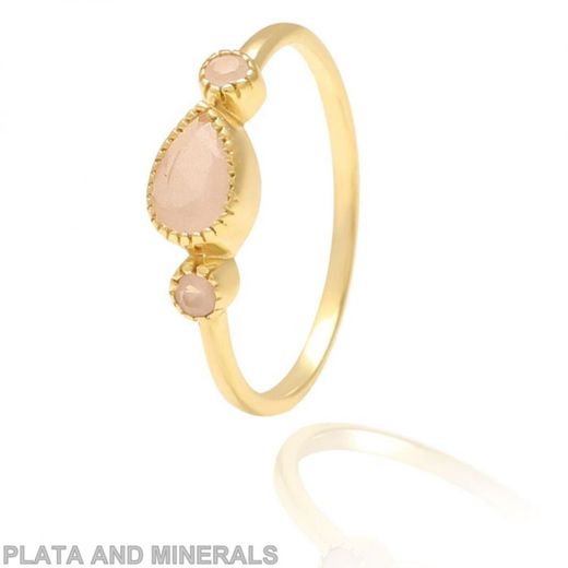 Anillo Plata Dorada Mujer ANM0064DO12CR 3 Piedras Minerales Cuarzo Rosa
