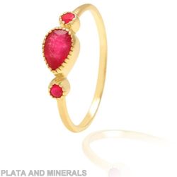 Anillo Plata Dorada Mujer ANM0064DO12RU 3 Piedras Minerales Rubí