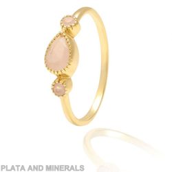Anillo Plata Dorada Mujer ANM0064DO16CR 3 Piedras Minerales Cuarzo Rosa