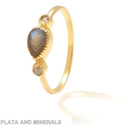 Anillo Plata Dorada Mujer ANM0064DO16LA 3 Piedras Minerales Labradorita