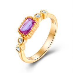 Anillo Plata Dorada Mujer ANM0111DOAM16 Circonitas & Piedra Mineral Amatista Rectangular