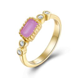 Anillo Plata Dorada Mujer ANM0111DOCR14 Circonitas & Piedra Mineral Cuarzo Rosa Rectangular