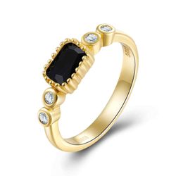 Anillo Plata Dorada Mujer ANM0111DOOX14 Circonitas & Piedra Mineral Onix Negra Rectangular