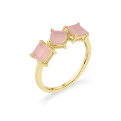 Anillo Plata Dorada Mujer ANM0168DOCR12 3 Piedras Minerales Cuadradas Cuarzo Rosa