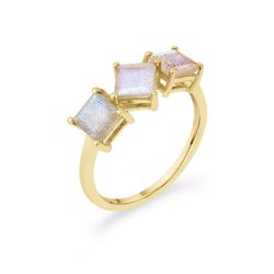 Anillo Plata Dorada Mujer ANM0168DOLA14 3 Piedras Minerales Cuadradas Labradorita