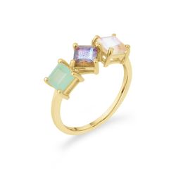 Anillo Plata Dorada Mujer ANM0168DOVA12 3 Piedras Minerales Cuadradas Varios