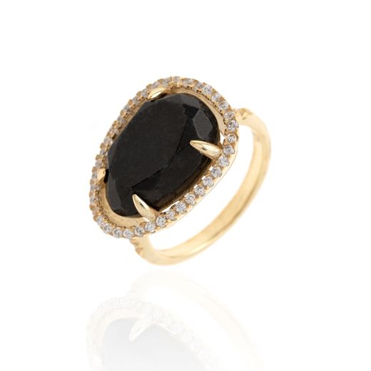 Anillo Plata Dorada Mujer ANZ0066DO12OX Circonitas & Piedra Mineral Onix Negro