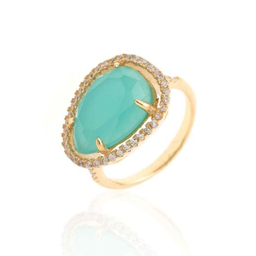 Anillo Plata Dorada Mujer ANZ0066DO14CB Circonitas & Piedra Mineral Calcedonia Azul