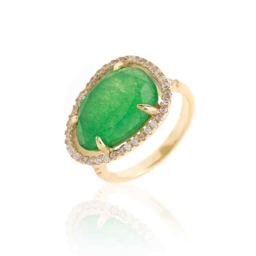 Anillo Plata Dorada Mujer ANZ0066DO14OV Circonitas & Piedra Mineral Onix Verde