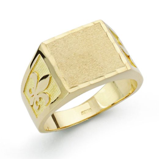 Man Signet Ring 18k Gold Square Fleur de Lis 14x11mm P4334