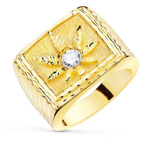 Chevalière Homme Or 18 Carats Feuille Marijuana Sculpté Zircone Gallons 25x17mm P703