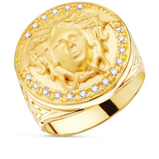 Anel Sinete Homem Ouro 18k Medusa Zircões Laterais Greca Largura 19mm P90009