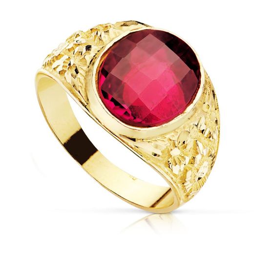 Anillo Sello Hombre Oro 18kts Tallado Macizo Piedra Spinel Rubi Oval 12x10mm P905702-RO