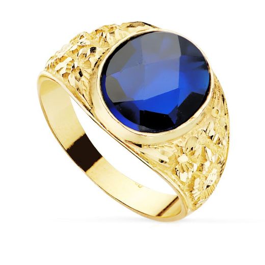 Anel de sinete masculino ouro 18k maciço esculpido pedra espinélio azul safira oval 12x10mm P905702-AZ