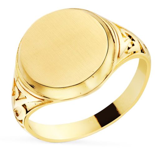 Signet Ring Man Gold 18kts Side Carvings Round Head Nuanced 14x11mm P4372