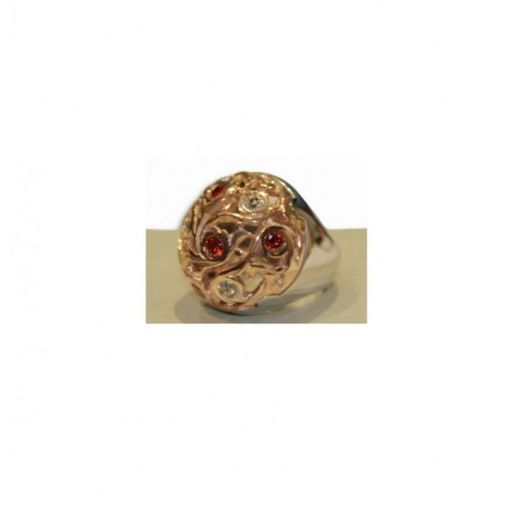 Xernus Ring Silver Two-Tone Gold 1RG2187 Filigree With Red Crystals Two-Tone White