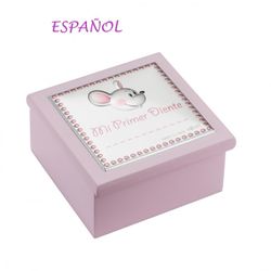 Caja Primer Diente Madera 8x8x4cm EV3465/02RS Rosa Ratón