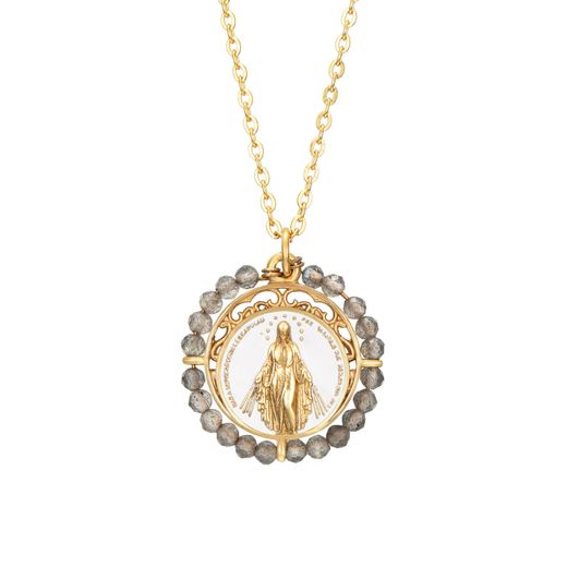 Colgante Acero Dorado Mujer CAS0036DOLA Imagen Virgen María C. Piedras Minerales Labradorita