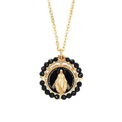 Colgante Acero Dorado Mujer CAS0036DOOX Imagen Virgen María C. Piedras Minerales Onix Negro