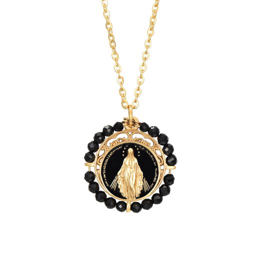 Colgante Acero Dorado Mujer CAS0036DOOX Imagen Virgen María C. Piedras Minerales Onix Negro