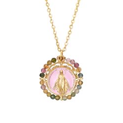 Colgante Acero Dorado Mujer CAS0036DOTR Imagen Virgen María C. Piedras Minerales Turmalina
