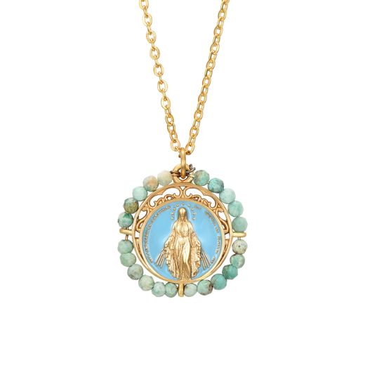 Colgante Acero Dorado Mujer CAS0036DOTU Imagen Virgen María C. Piedras Minerales Turquesa